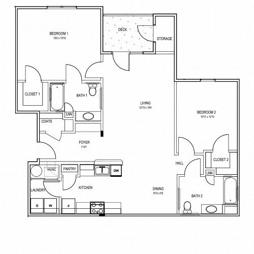 Floor plan for 2 beds, 2 baths, 1271 sqft